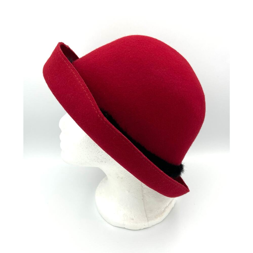 Vintage Liz Claiborne Red Wool Cloche Hat with Mink Fur Trim and Beaded Accent - Picture 3 of 14